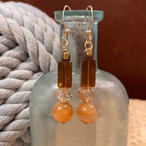 Natural Carnelian, crystal, amber glass earrings